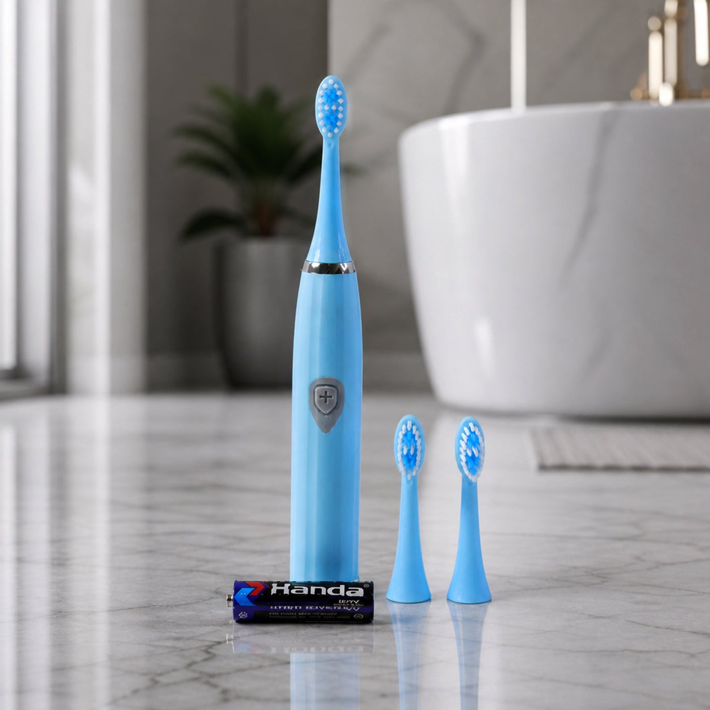 A set of replaceable electric toothbrush heads, included with the main unit.
