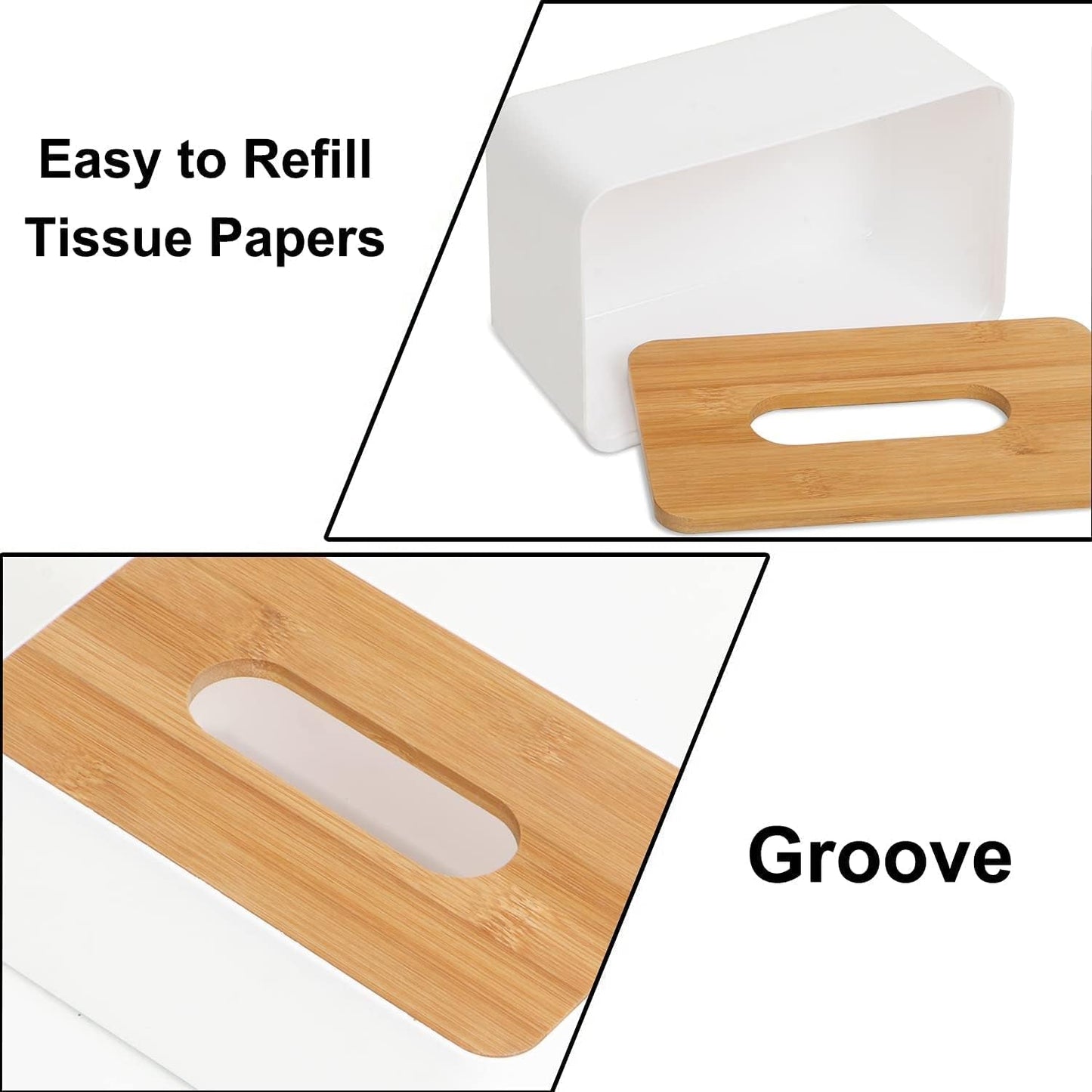 Bamboo tissue box holder placed on a wooden table in a cozy living room setting.