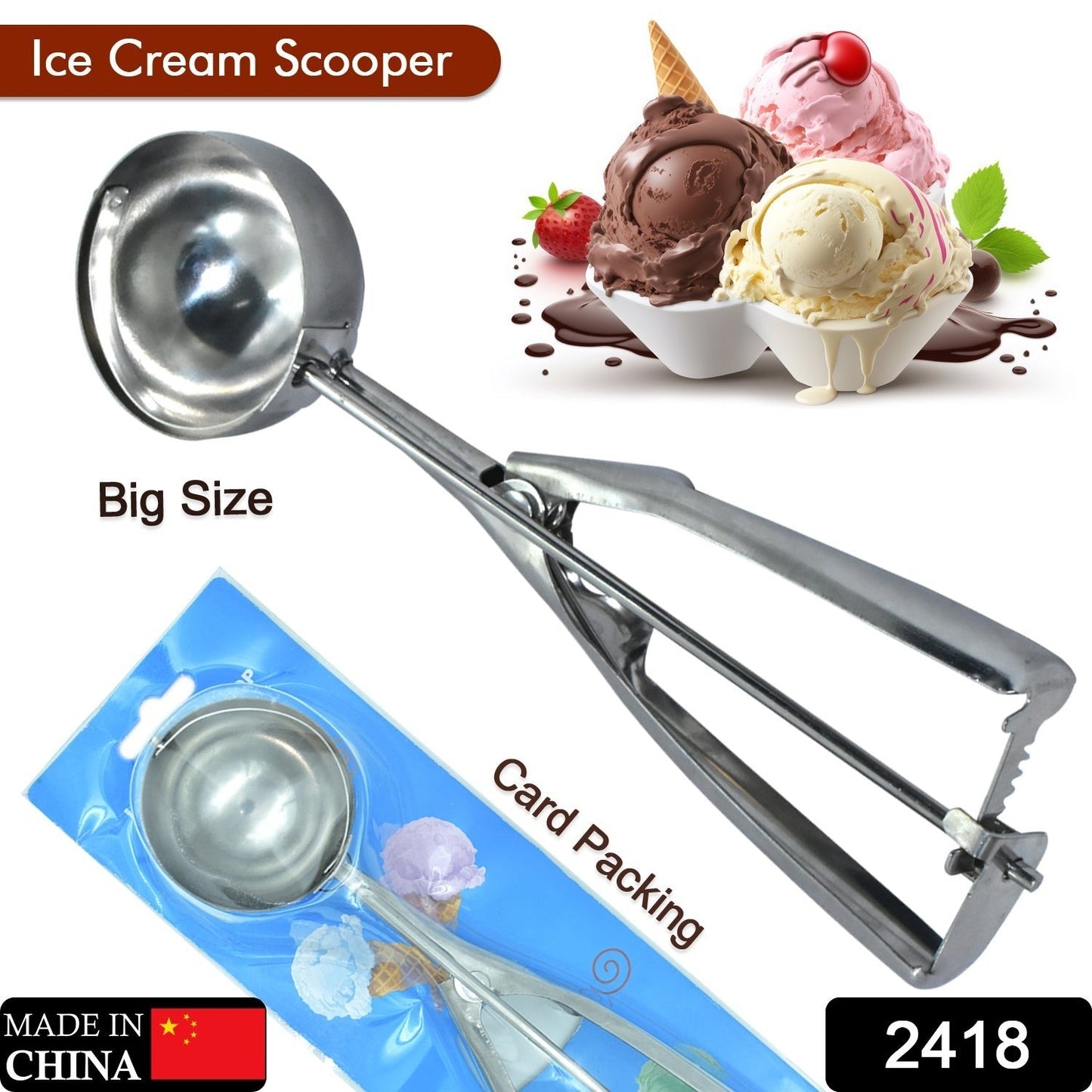 Ergonomic ice cream scoop with trigger release, ready for use.