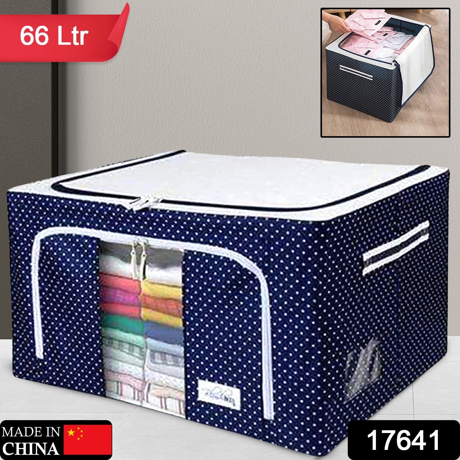 Large capacity storage bag holding blankets, bedding, and clothes.
