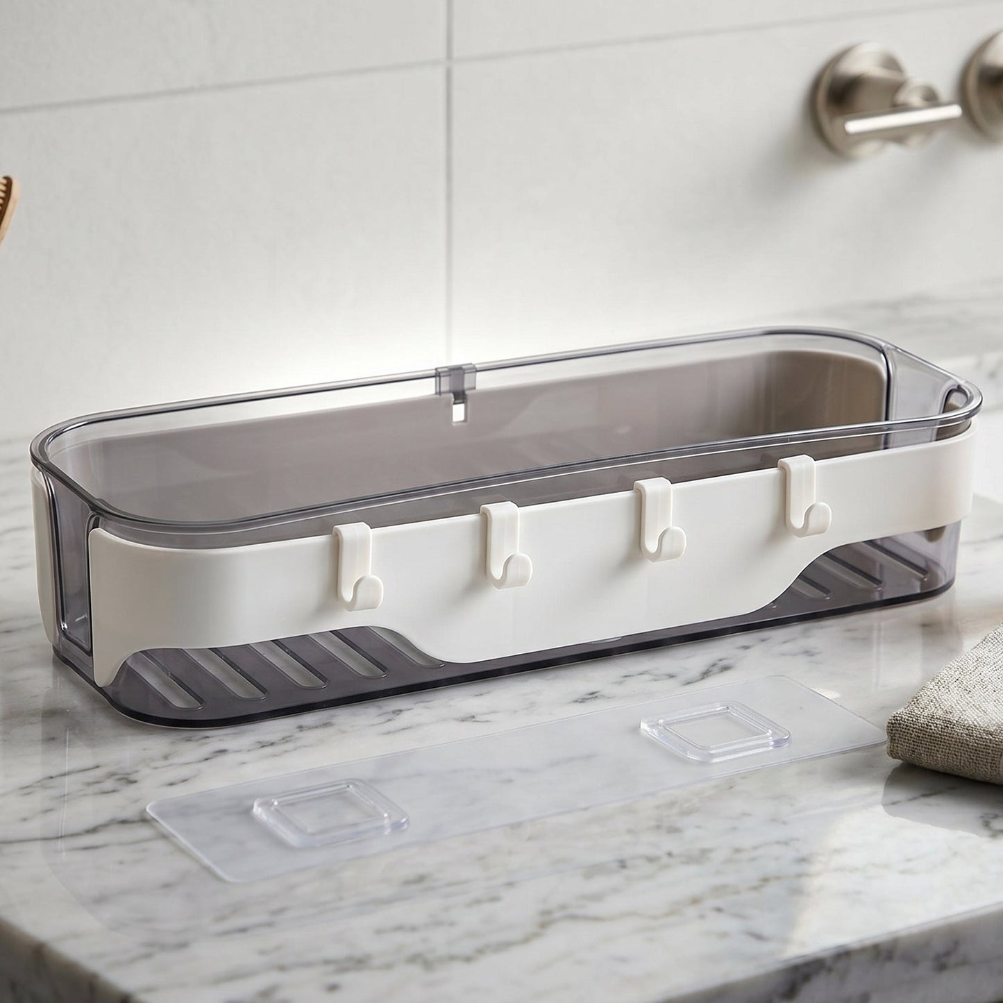 Wall-mounted transparent bathroom storage shelf with hooks for towels and toiletries