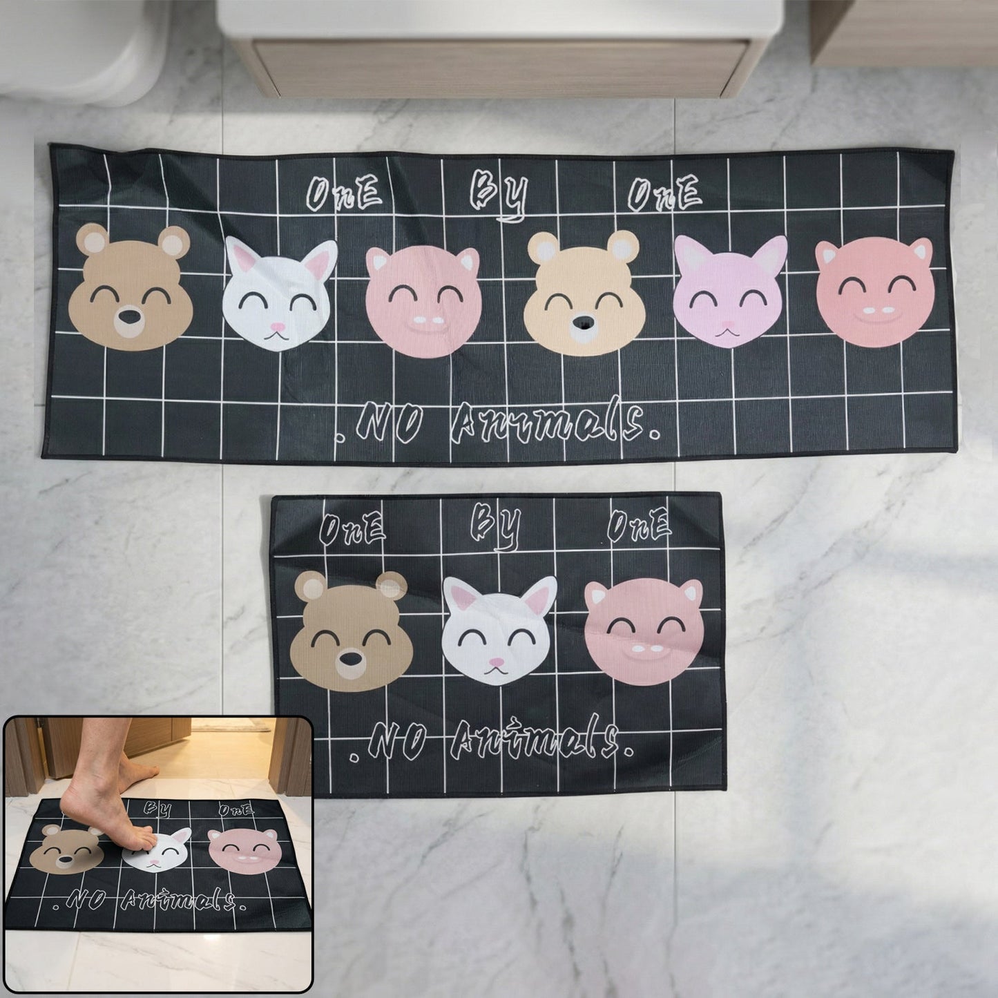 Printed anti slip floor mat set in two sizes for versatile use