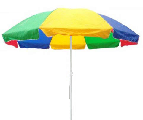A colorful DrizzlePro umbrella with red, yellow, green, and blue panels is shown partially open on a white background.