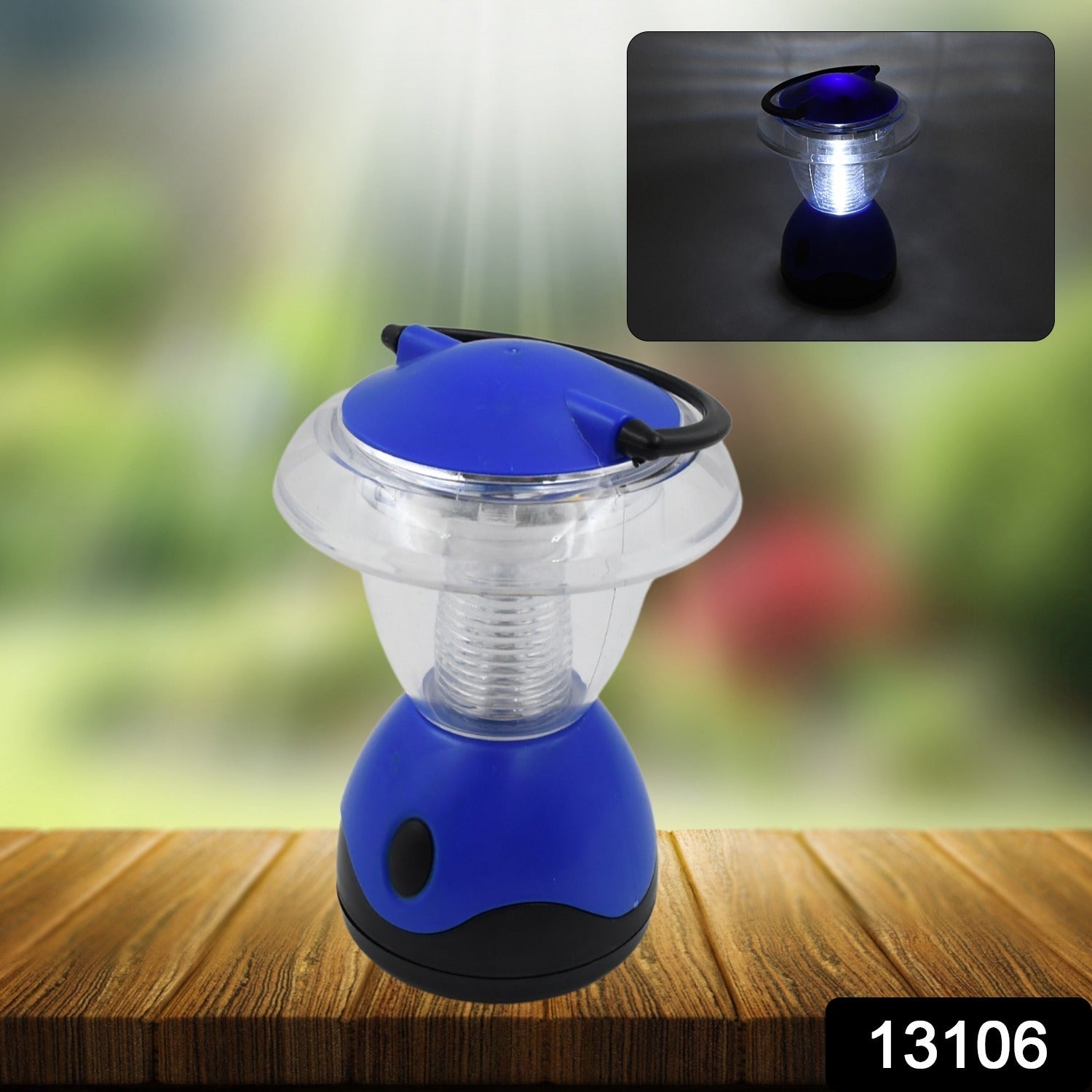 The blue and clear plastic mini lantern is on a wooden table, with a dark inset showing it illuminated, and a '13106'