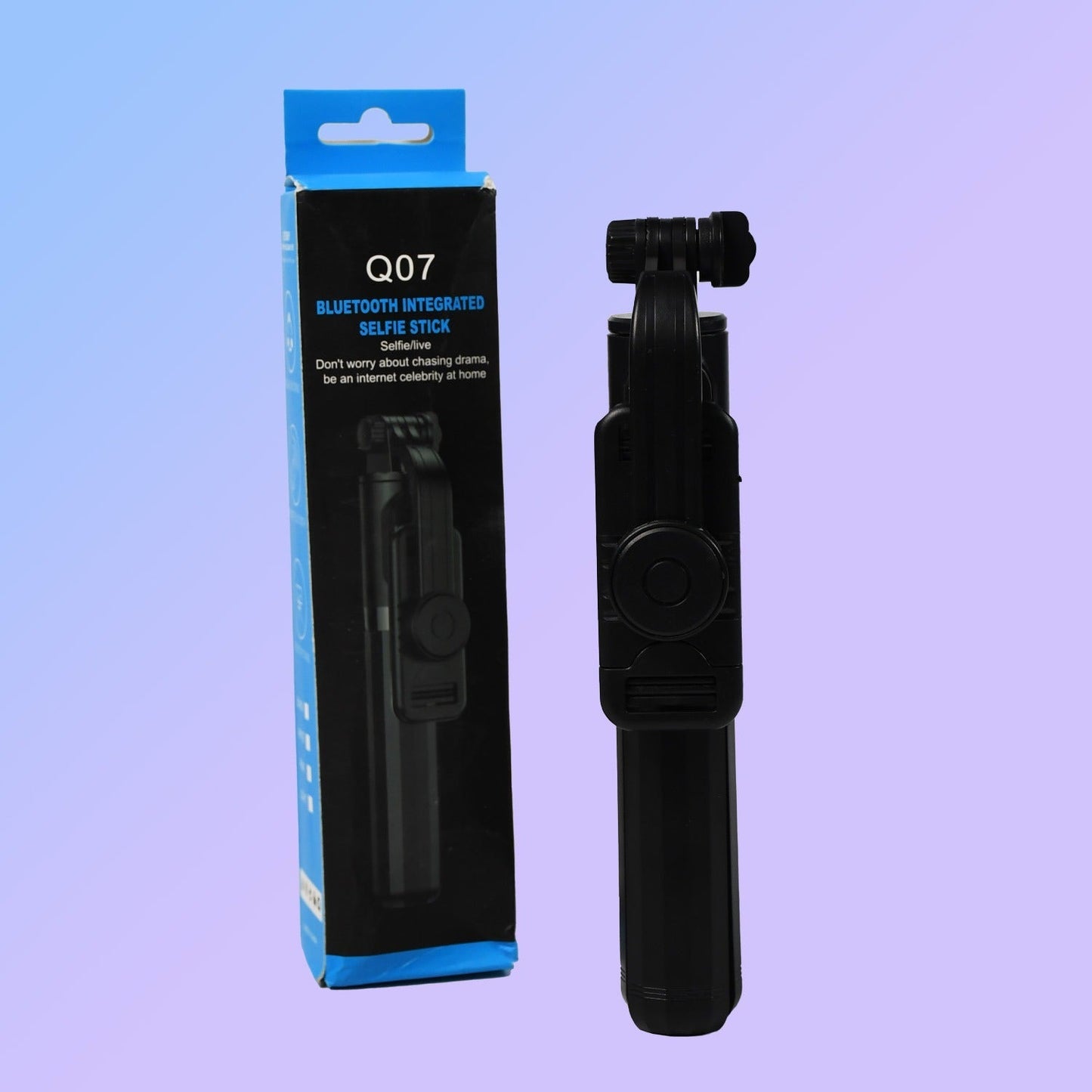 Portable Bluetooth selfie stick showing compact tripod base and remote control.