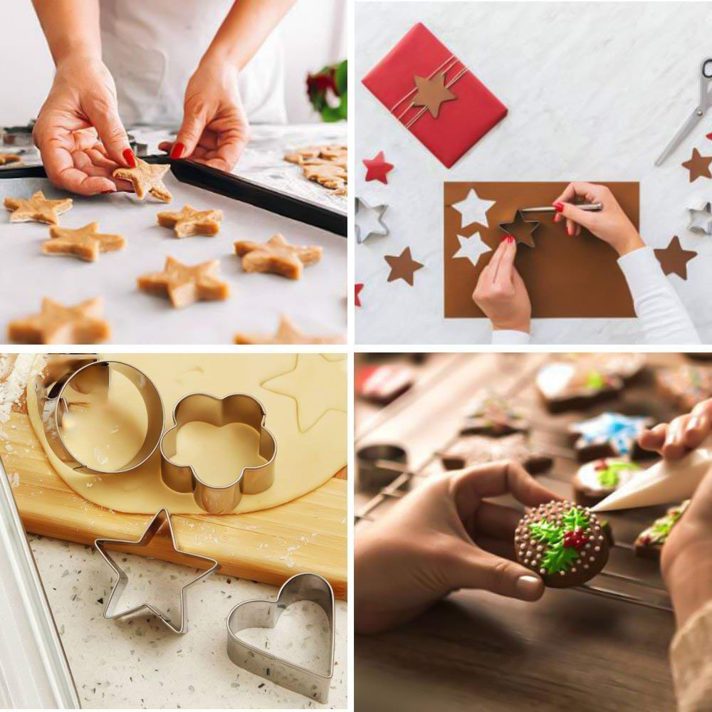 Decorative stainless steel cookie cutters featuring flower and round shapes.