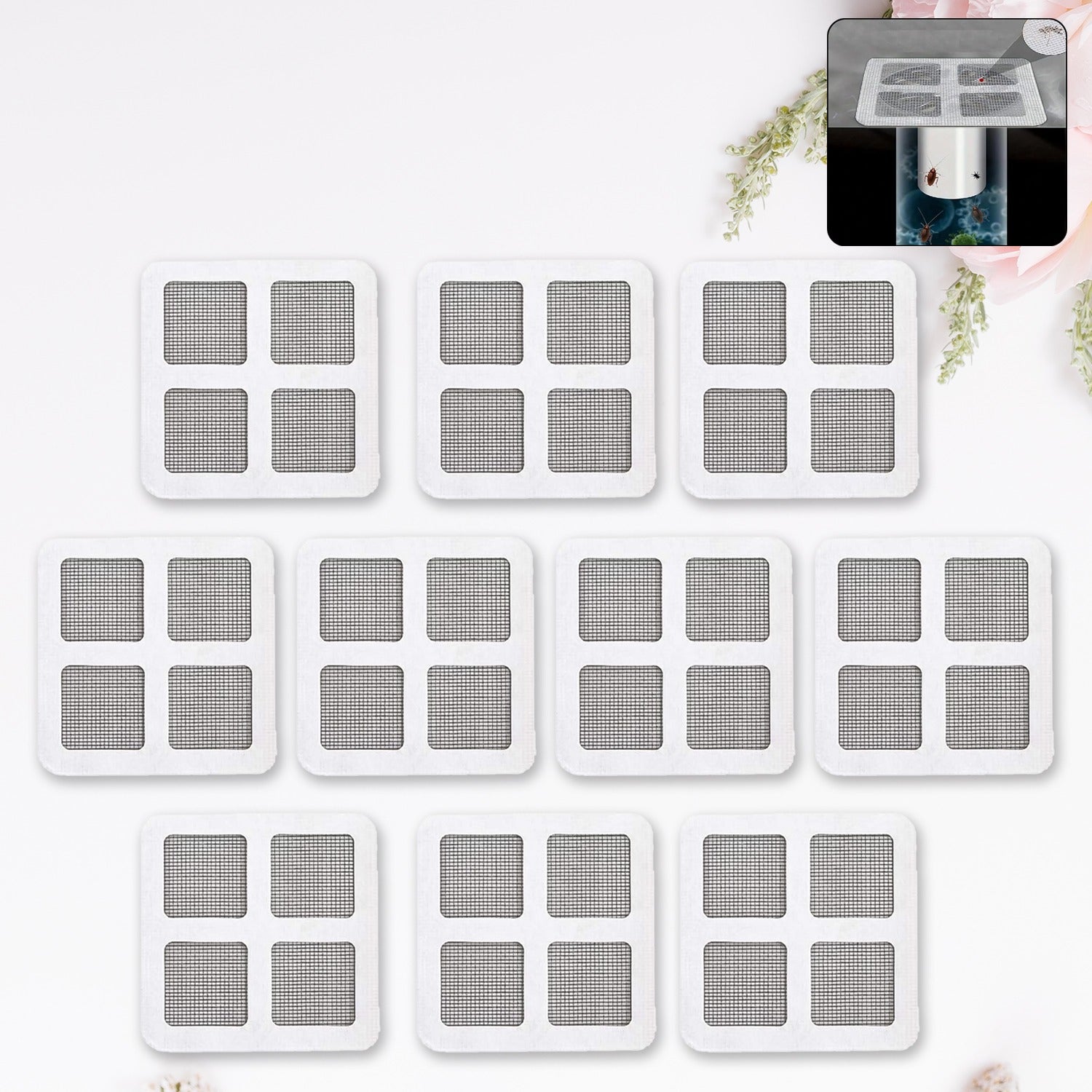 Window Screen Repair Kit with ten self-adhesive mesh patches, ready to fix tears and holes.