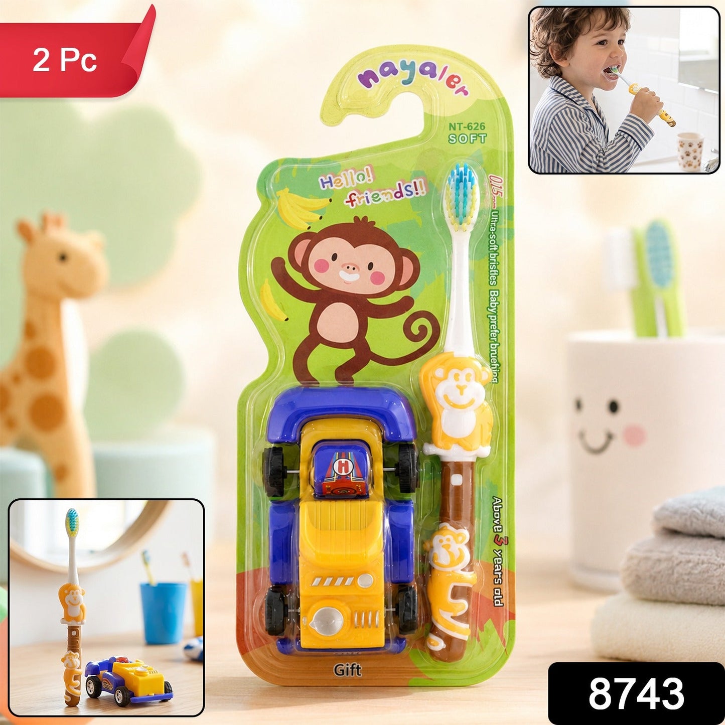 Cartoon toothbrush set for kids with fun toy topper