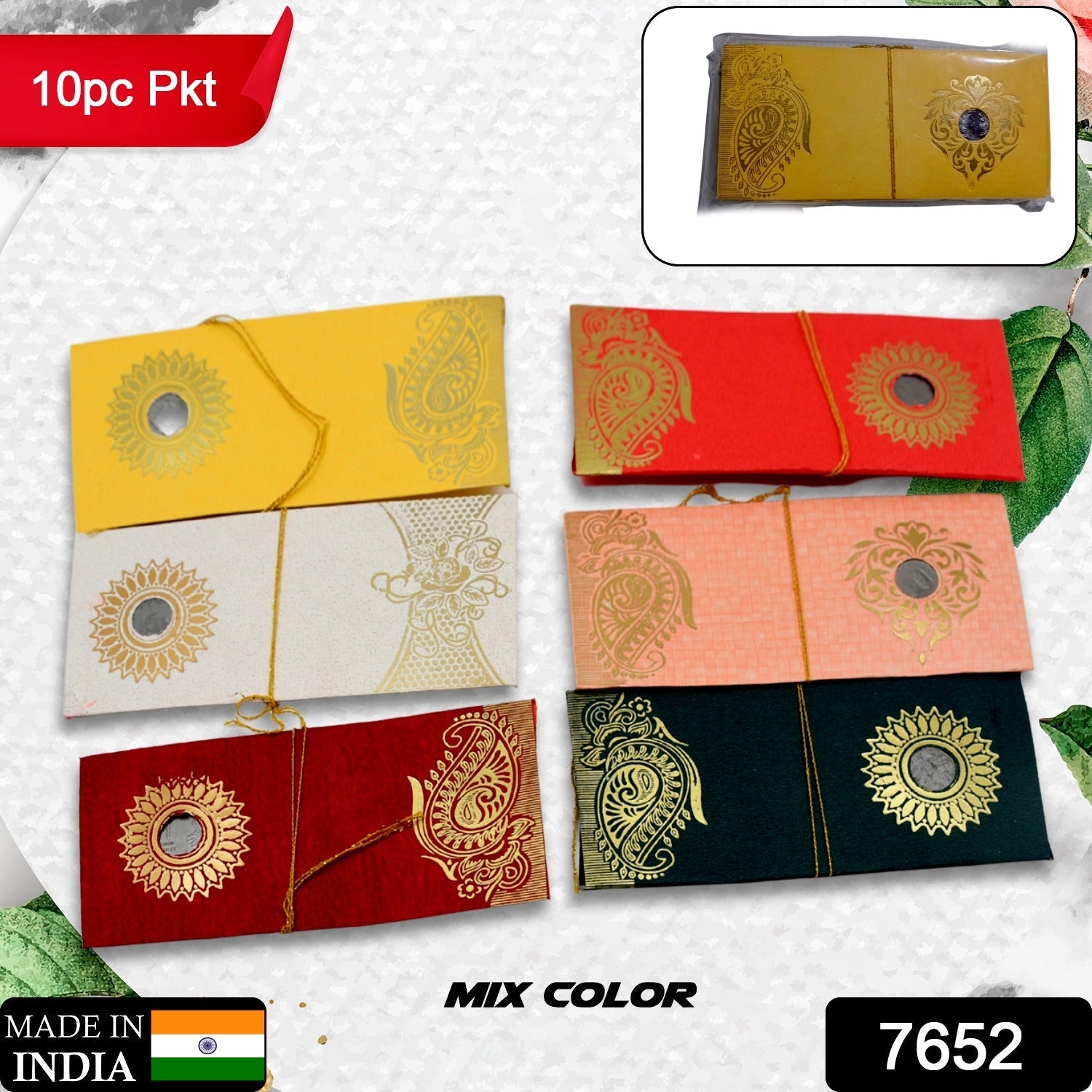 Close-up of a premium purse-shaped shagun envelope with a golden handle.