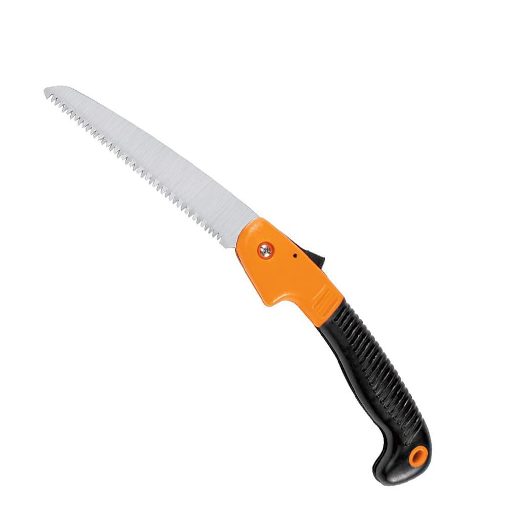 Detailed view of the 180mm folding saw's sharp, impulse-hardened teeth.