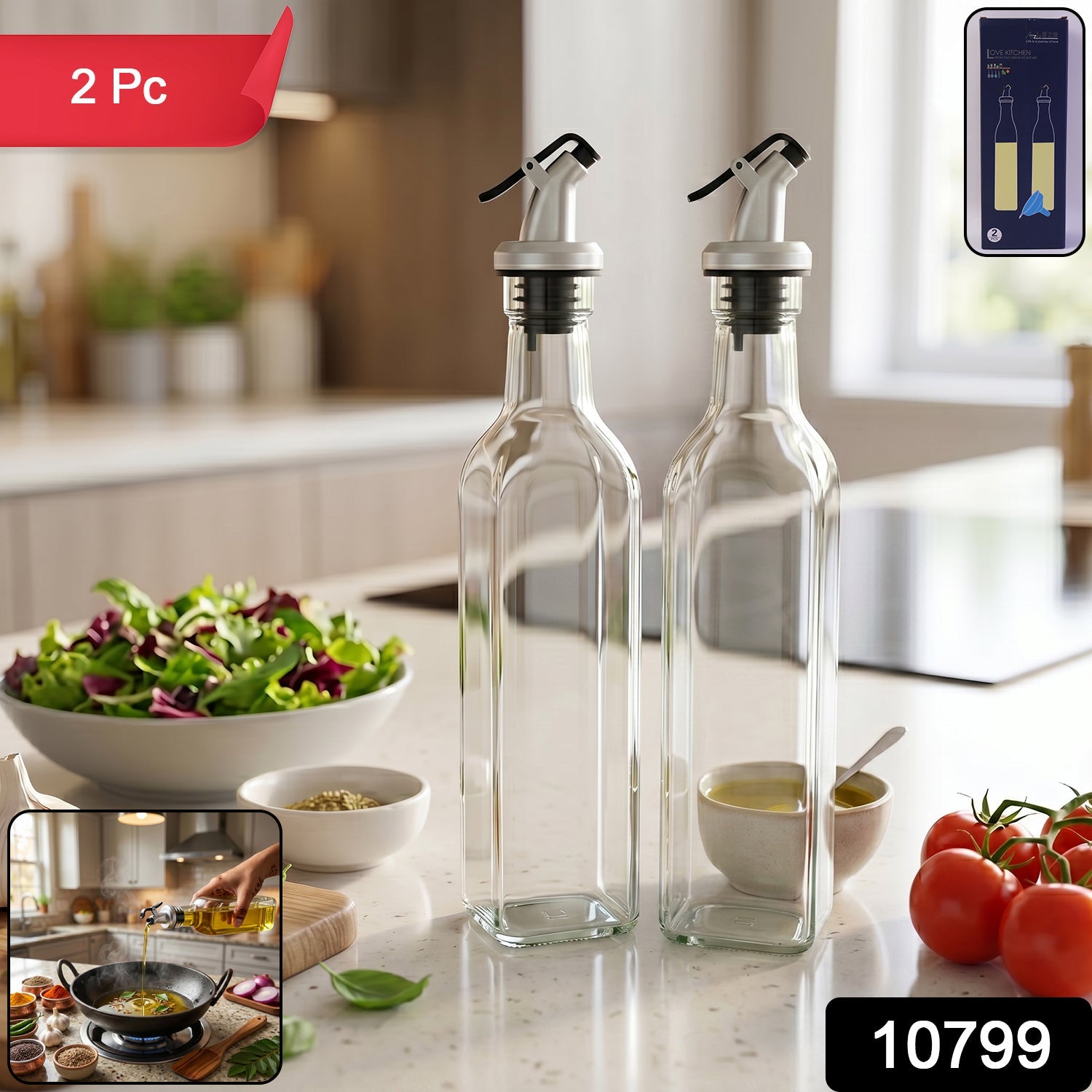 2-piece glass oil dispenser set with leak-proof stainless steel pourers