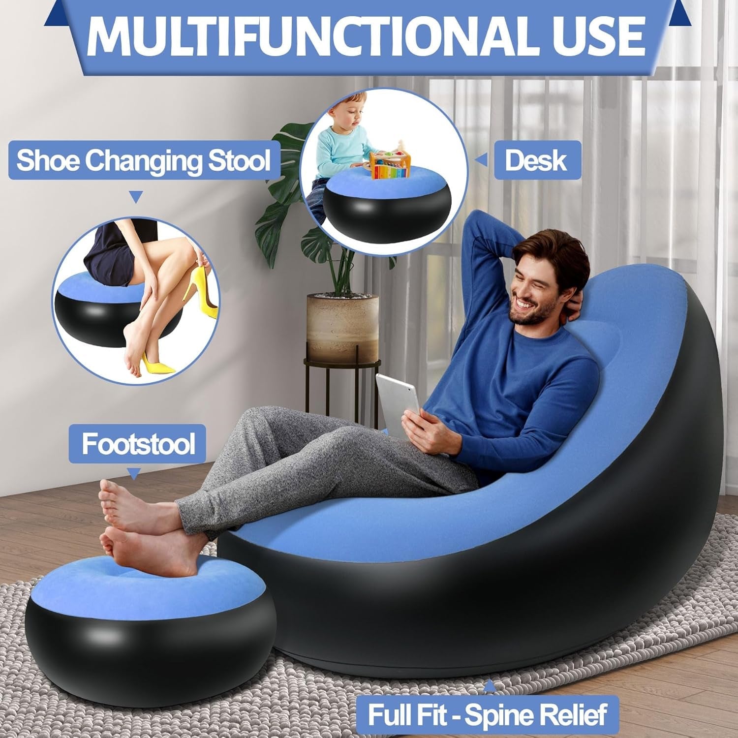 Portable inflatable air sofa with footstool for versatile seating