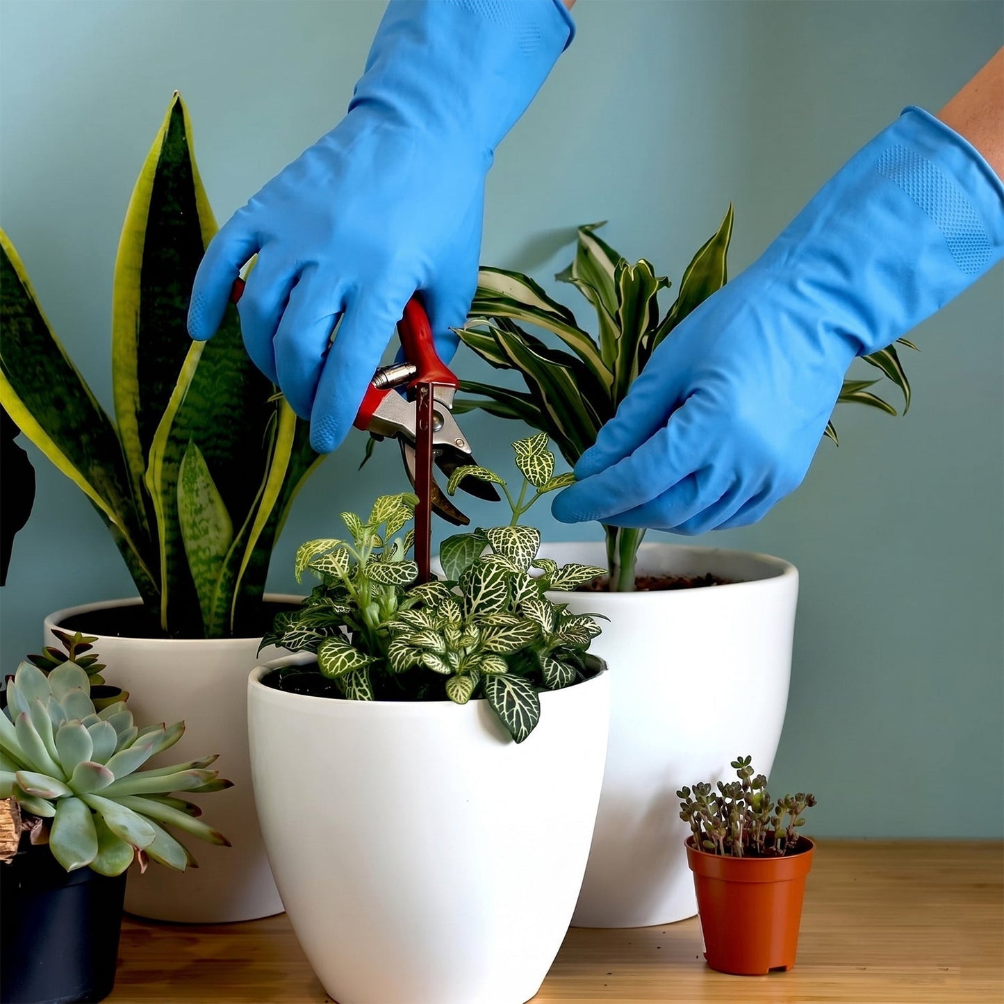Blue waterproof rubber gloves used for kitchen cleaning