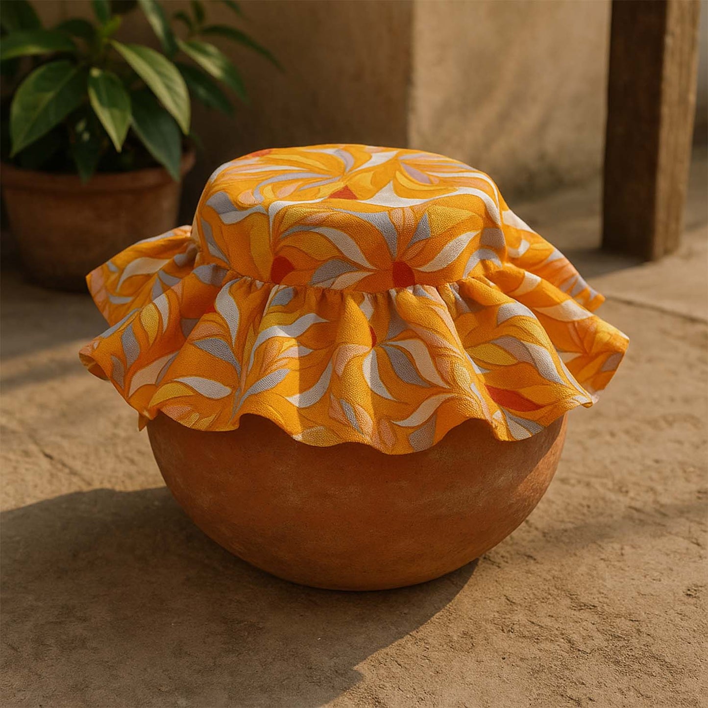Matka cover snugly fitted over an earthen pot, showing design and elastic band