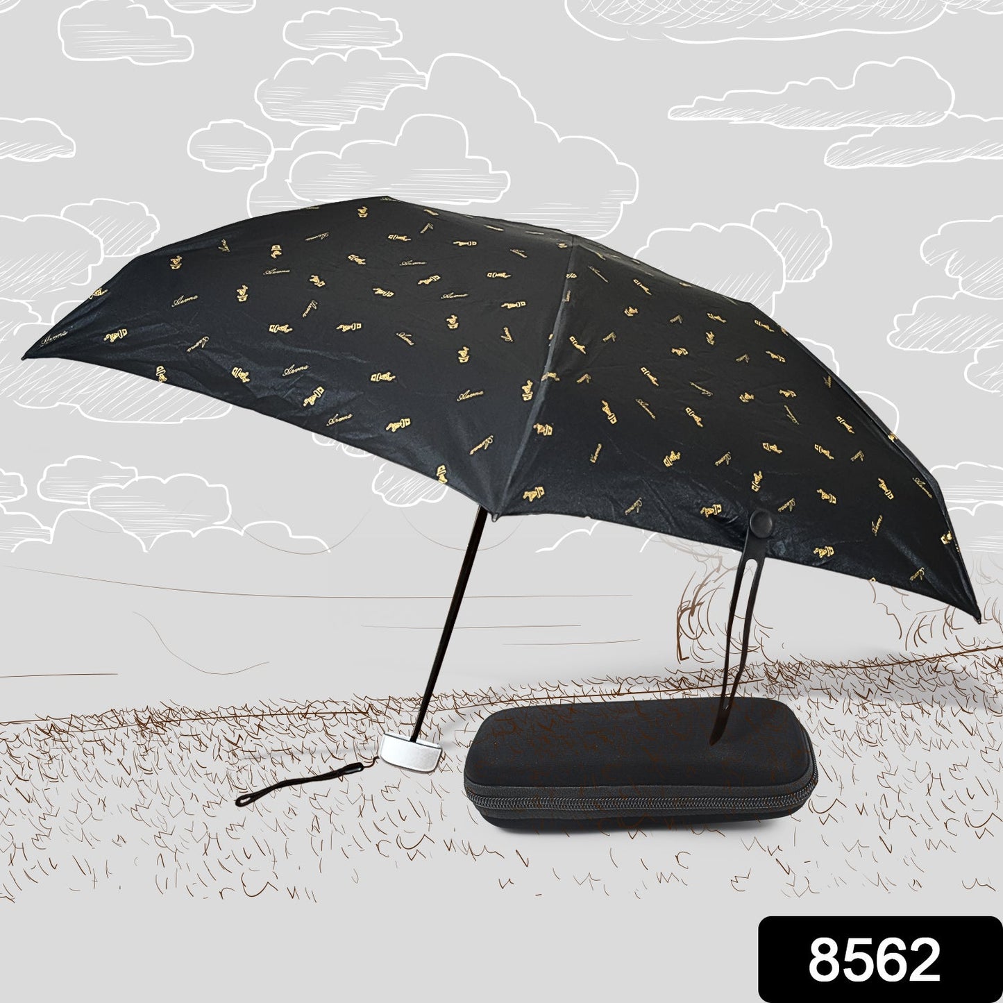 An open black umbrella with gold musical notes stands beside its closed black case on a sketched outdoor scene.