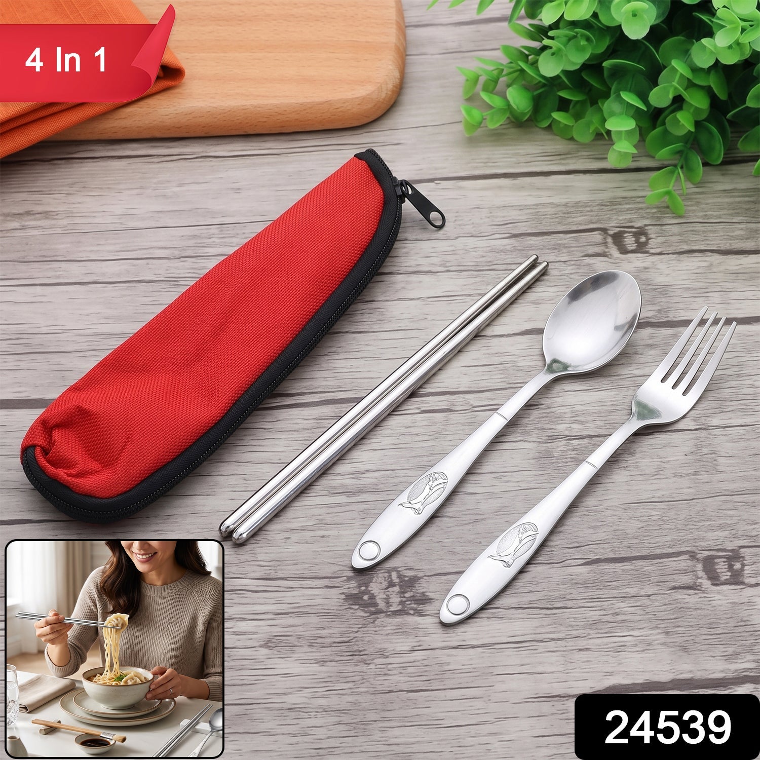 Reusable steel cutlery travel set with carrying pouch