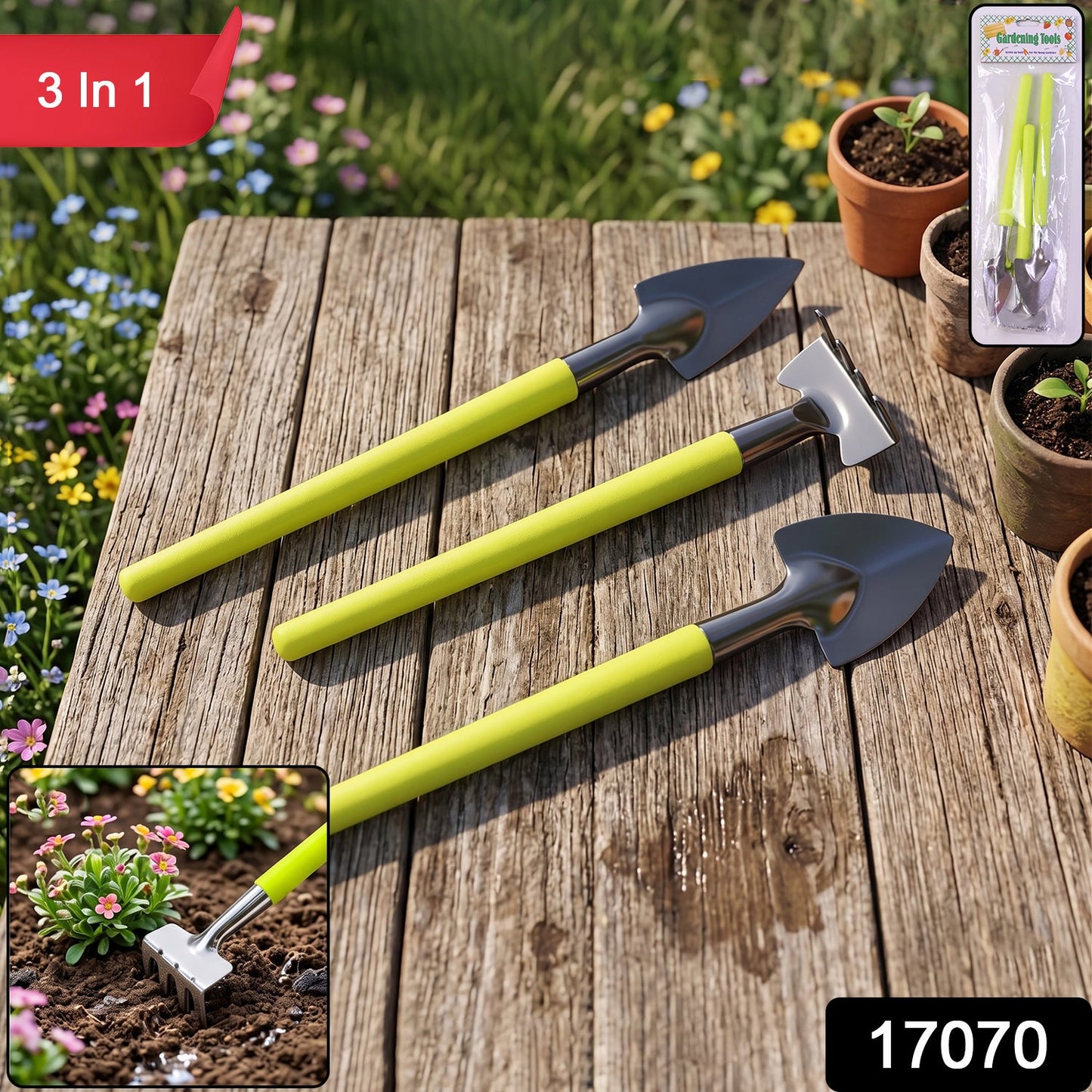 Packaged Mini Gardening Tool Set showing all three hand tools ready for use.