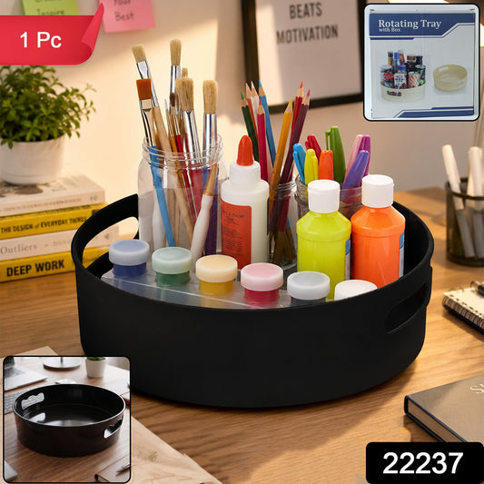 A packaged rotating tray organizer ready for household use.