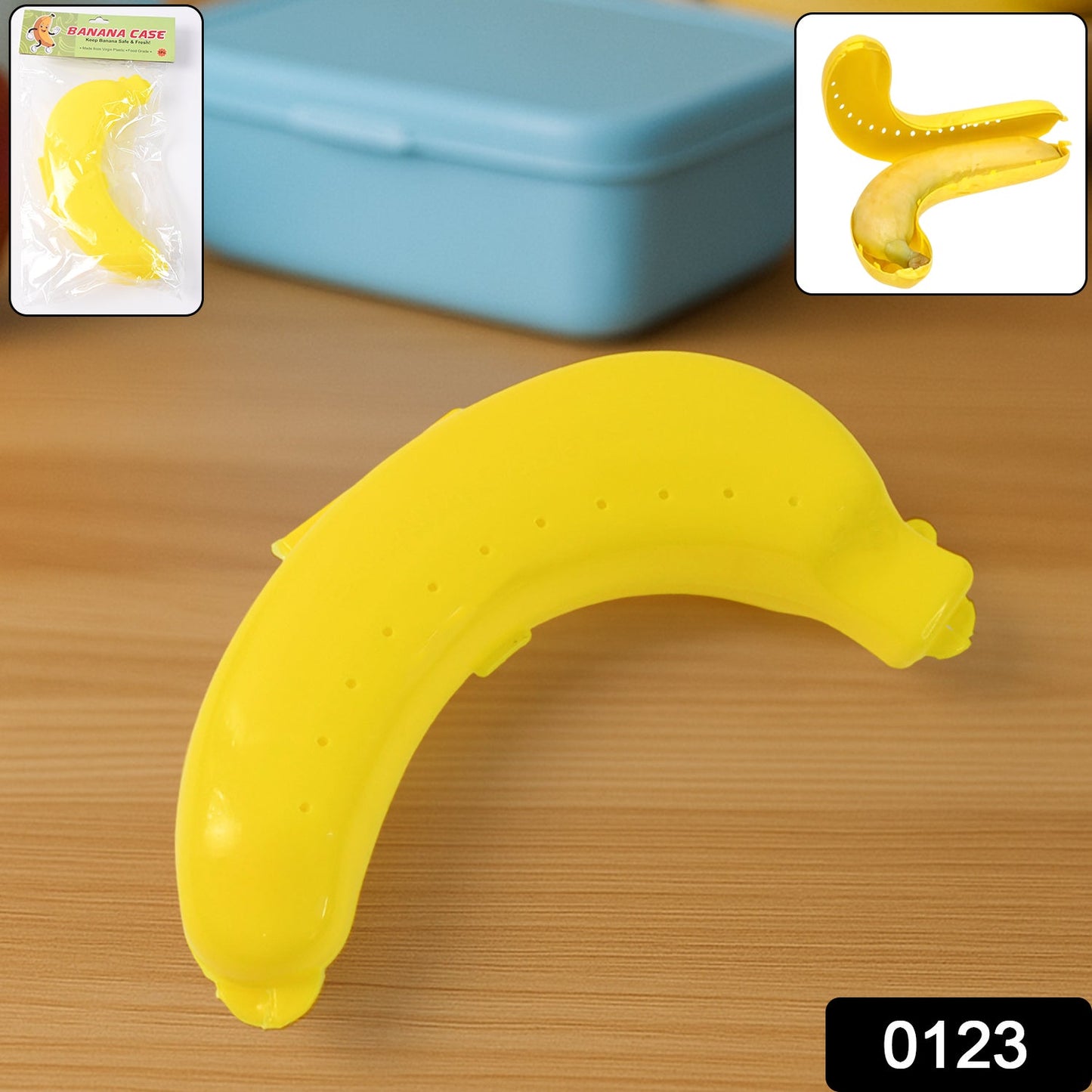 Open banana protector case with a ripe banana inside, demonstrating fit.