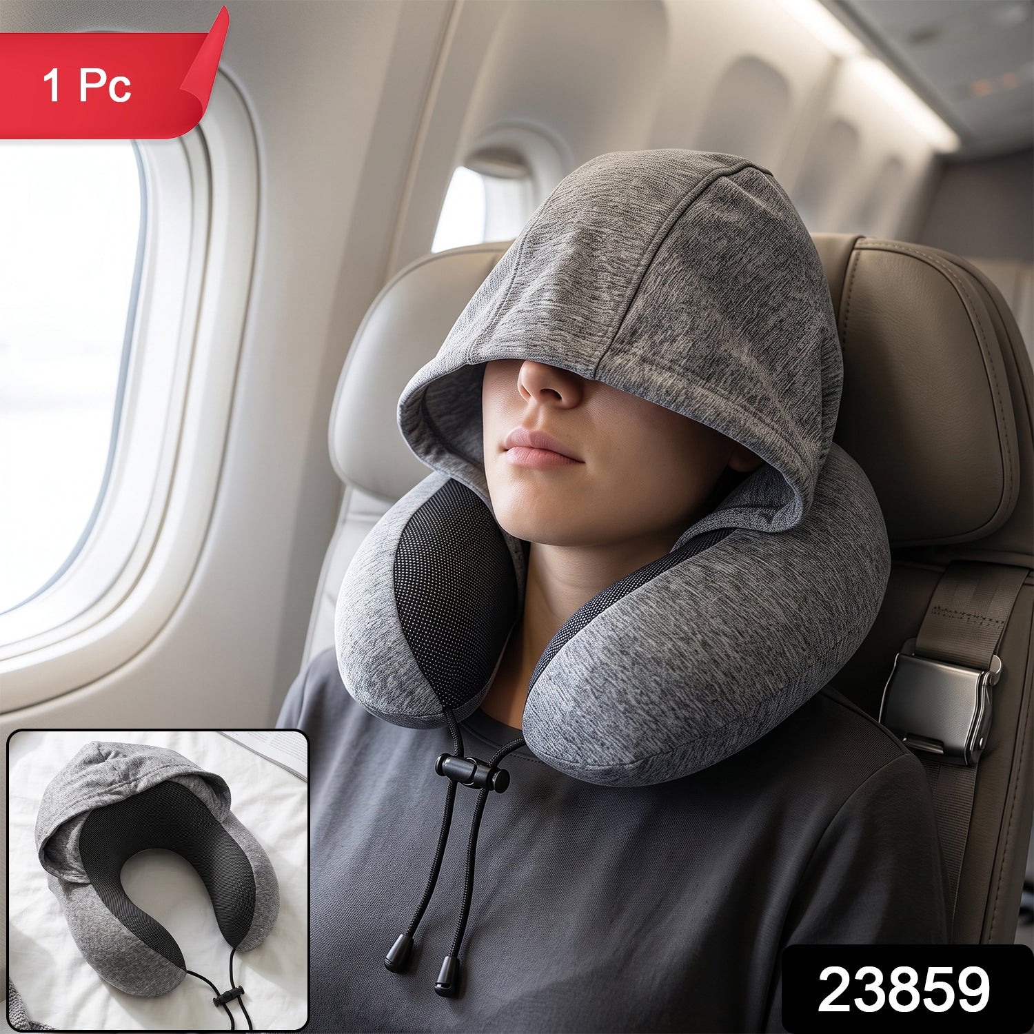 Grey hooded travel neck pillow with drawstring hood for privacy