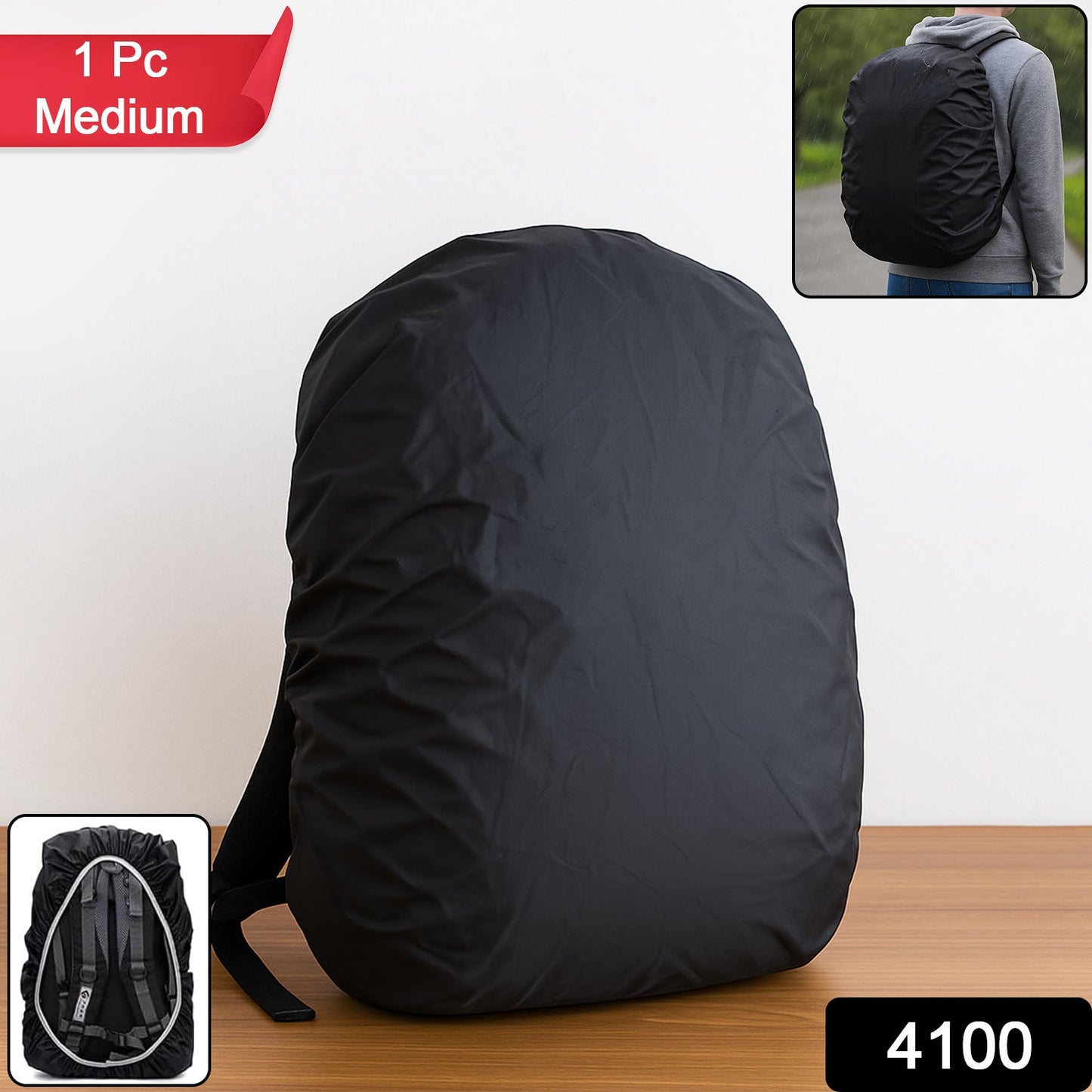 A black rain cover on a backpack, with an inset showing a person wearing it and another showing the cover's elastic edge.