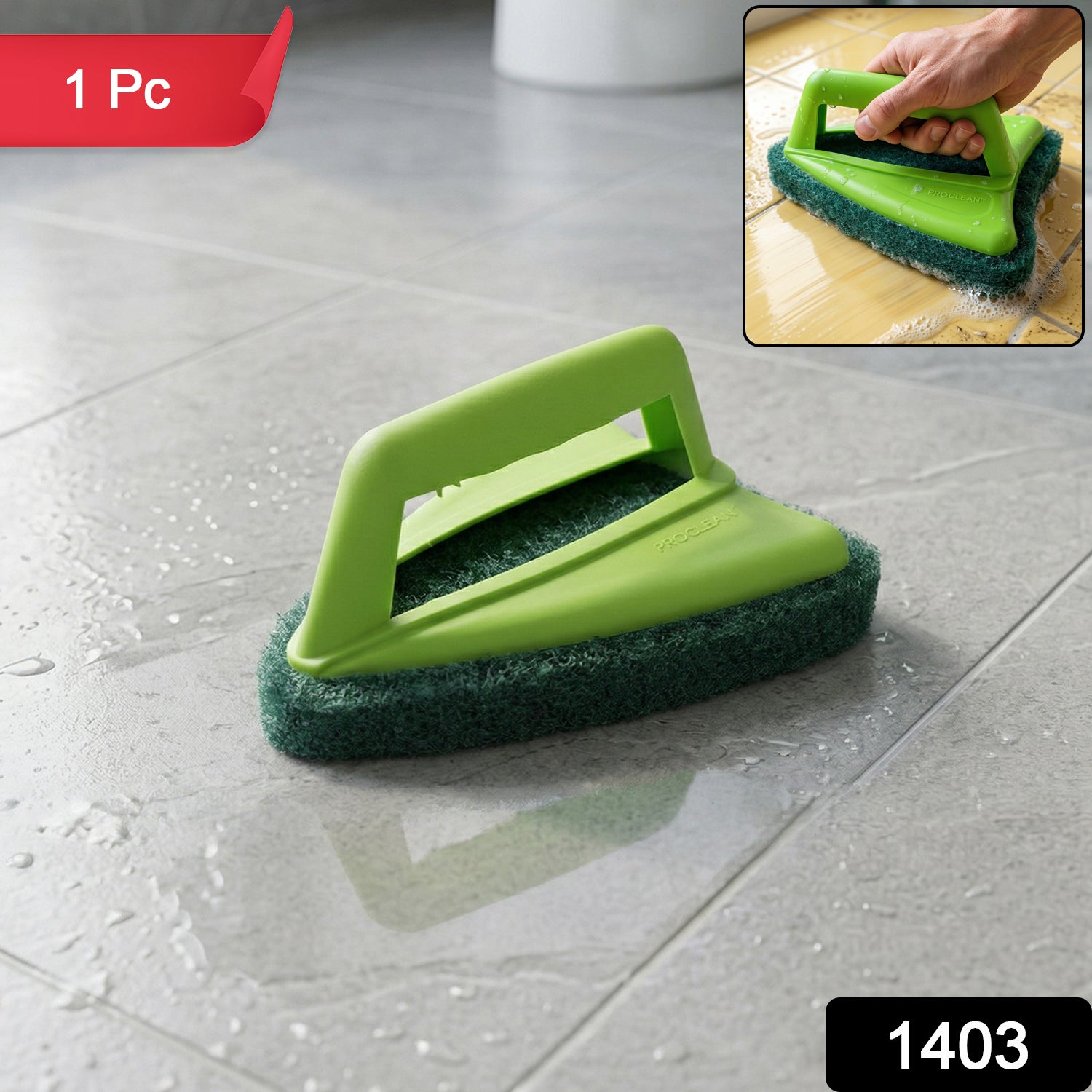 Close-up of the ergonomic handle and abrasive scrubber head for bathroom cleaning.