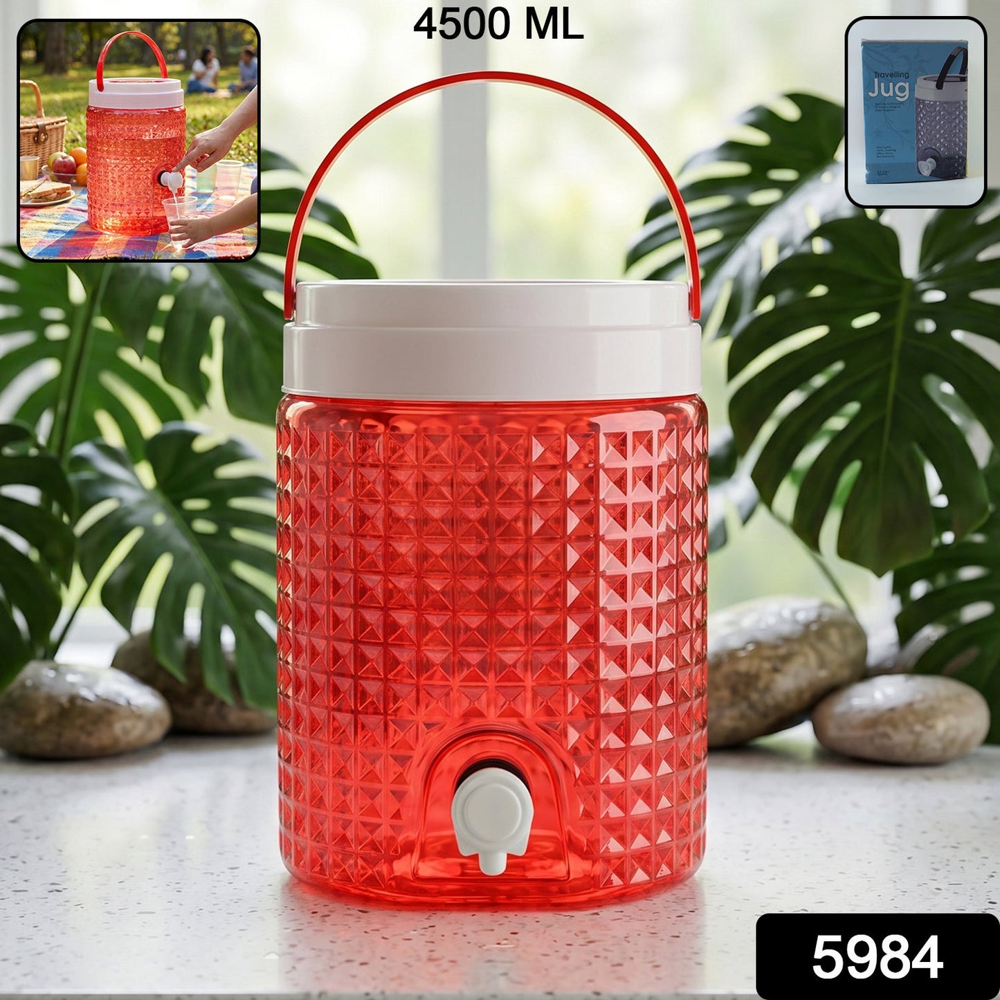 Close-up of the ergonomic handle on the leakproof plastic water jug.