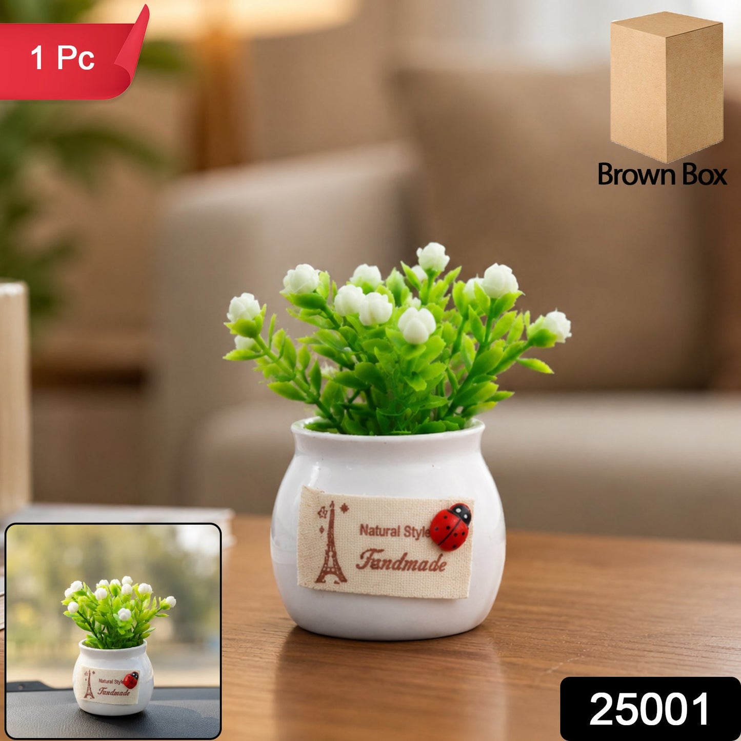 Faux bonsai plant with white flowers in a ceramic pot