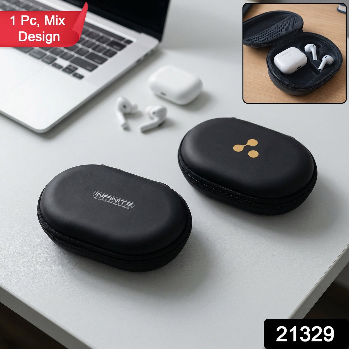 Compact earphone storage pouch with a secure zipper closure.