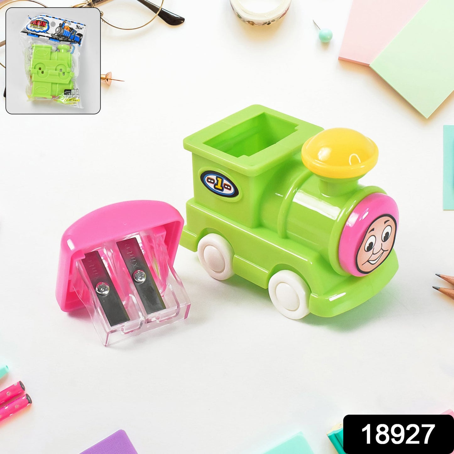 Sharpener placed on table showcasing compact design and train print