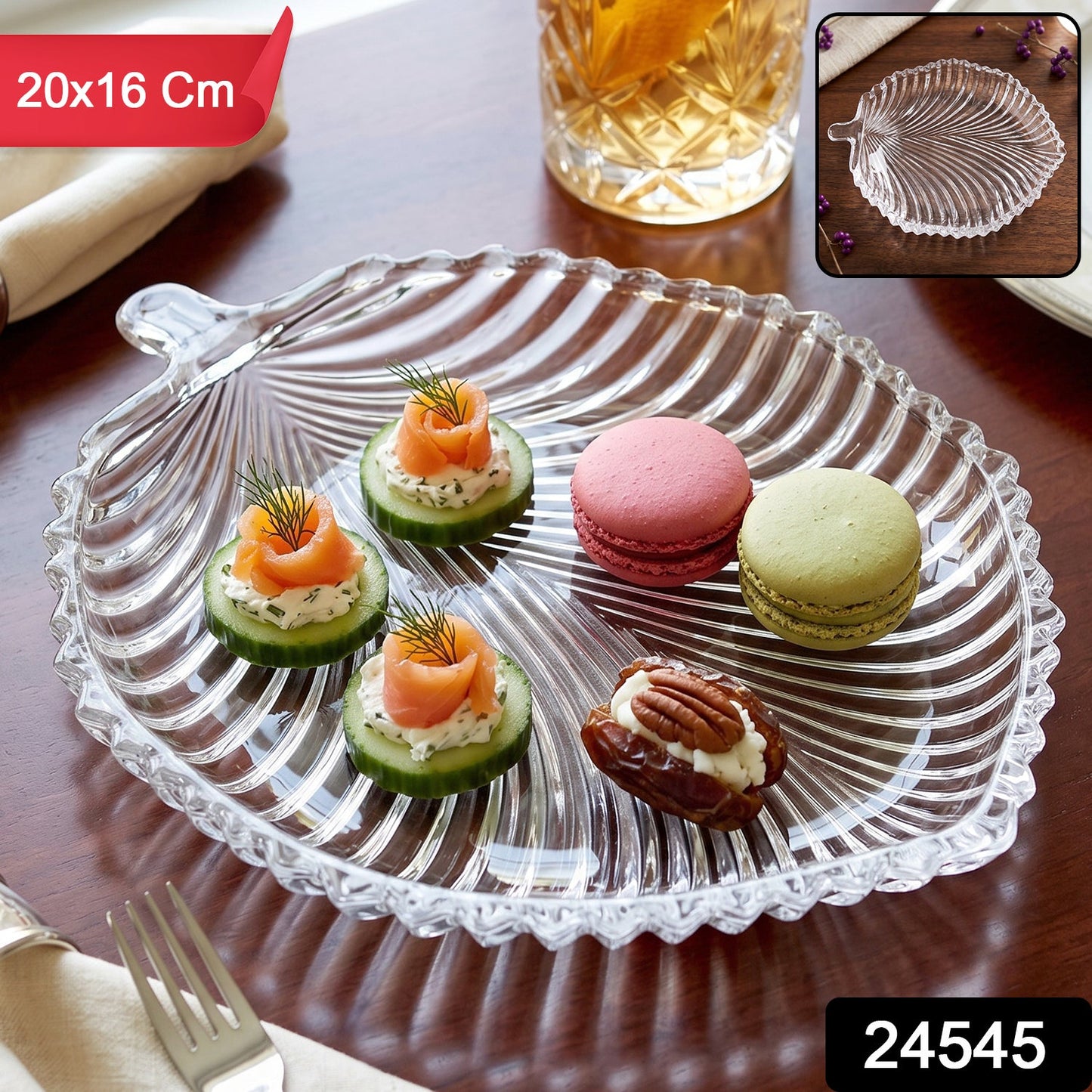 Leaf shaped glass platter for serving snacks, sweets and starters