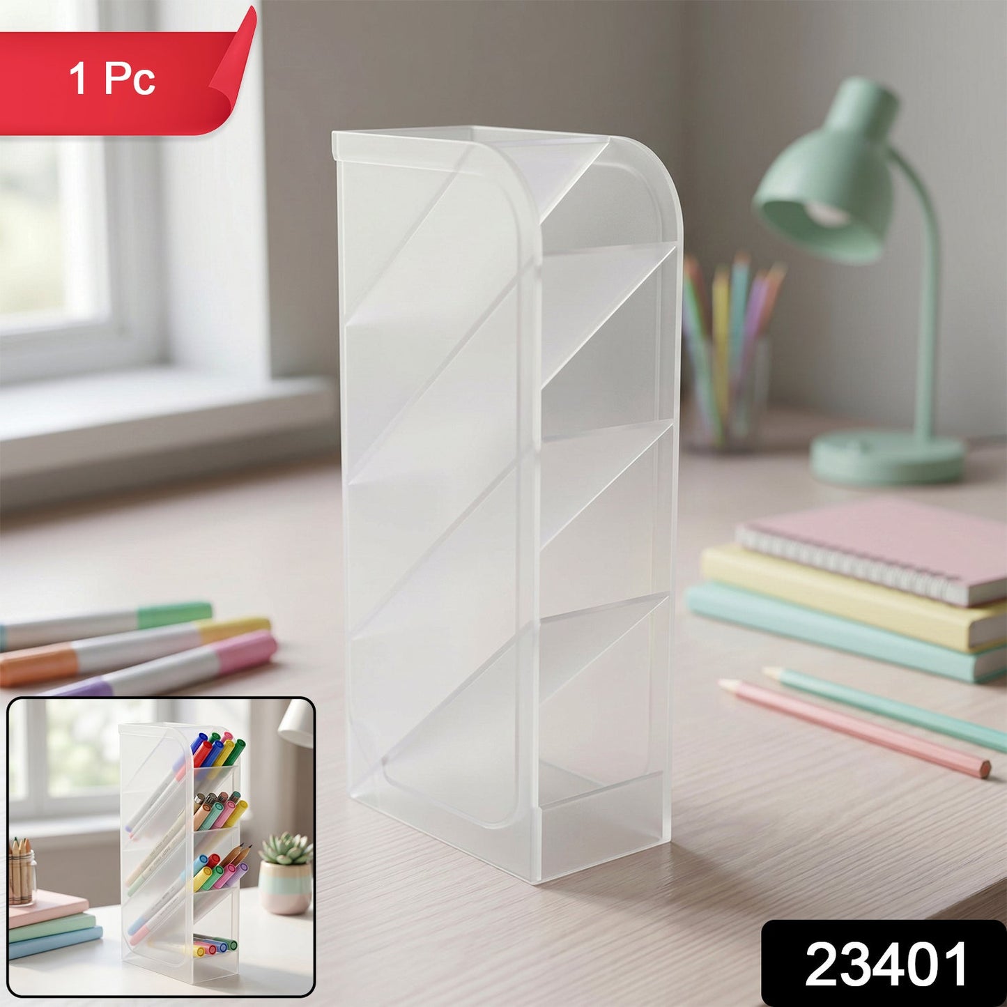 Clear plastic desk supply organizer for office and craft tools