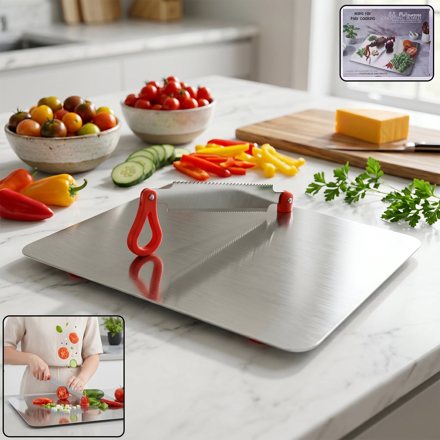Steel multipurpose chopping board with knife